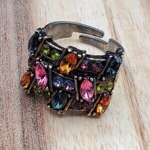 Vintage Multicolor Crystal Adjustable Wide Band Cocktail Statement Ring